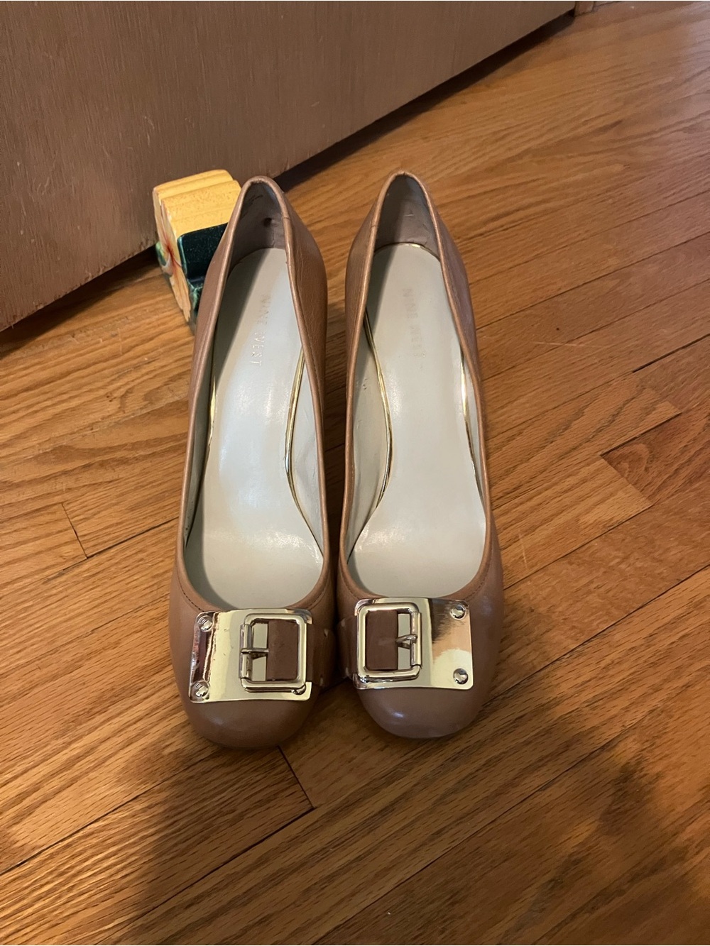 Nine West Nude/Tan Leather Pumps with Gold Buckle Accent